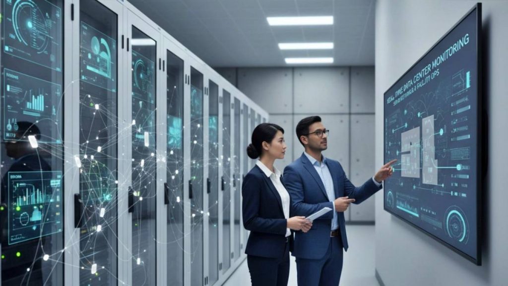 Man and woman in datacenter looking at dashboard