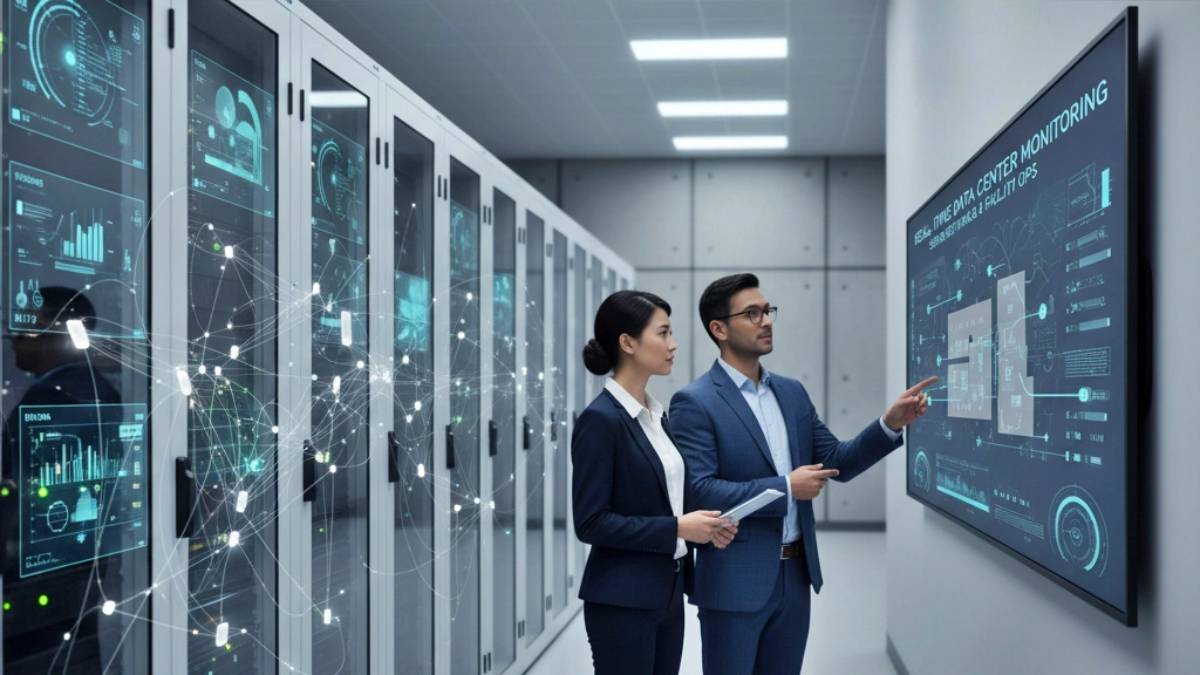 Man and woman in datacenter looking at dashboard