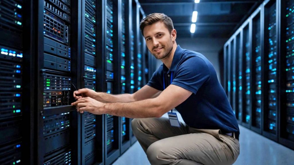 Data center technician at cabinet