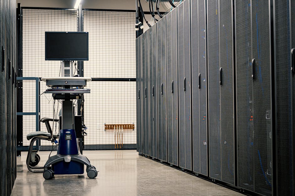 Data center cabinet row with crash cart Data center cabinet row with crash cart